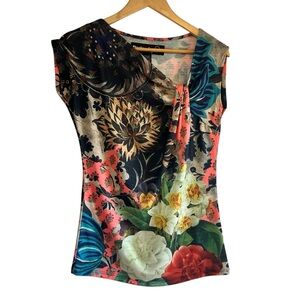 Desigual floral metallic stipe asymmetrical knotted top Sz M like new condition